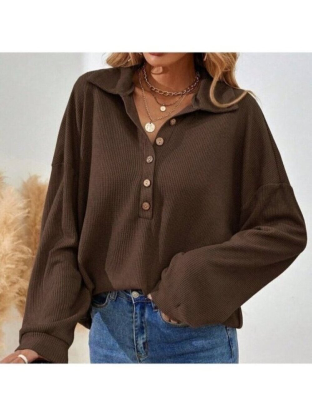 Brown Casual Women's Drop Shoulder Long Sleeve Button Half Placket Loose T-Shirt